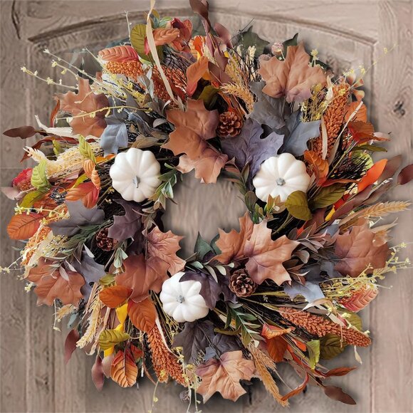 24 Inch Fall Wreath for Front Door with White PumpkinsGrains Maple Leaves-Fall